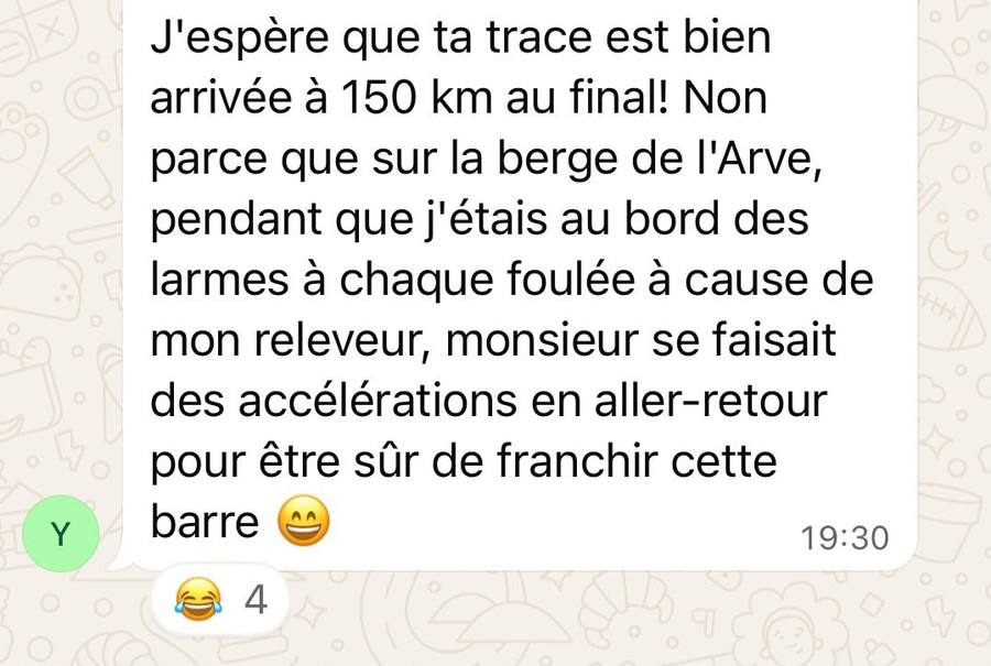 Message WhatsApp d'un compagnon sur les accélérations de la berge de l'Arve